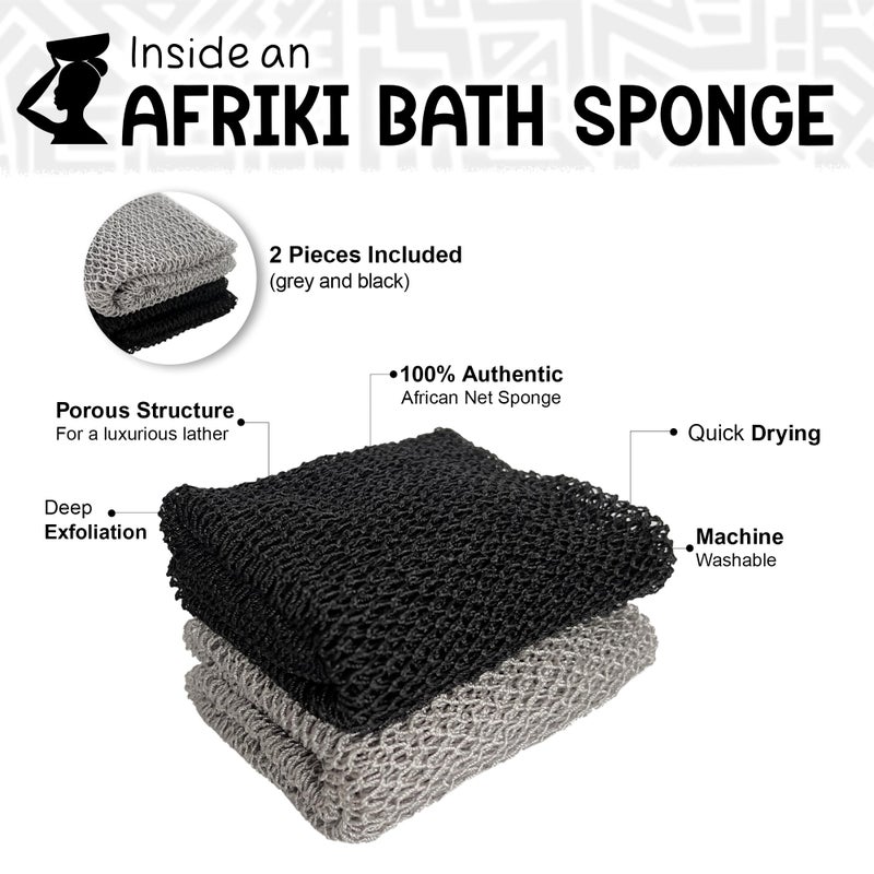 AFRIKI African Net Sponge  African Exfoliating Sponge  Black Owned  Exfoliating Washcloth  Body Exfoliator for Bath and Shower  Back Scrubber  Dead Skin Remover (Black  Grey  1 Count (Pack of 2)) - Image 2